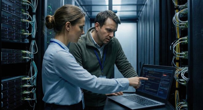 IT professionals troubleshooting server issues in modern data center, ensuring seamless connectivity and data security for business operations globally