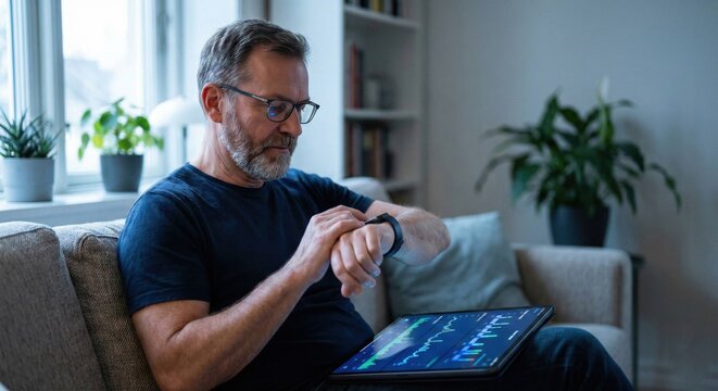 Mature man checking smartwatch while monitoring stock market data on tablet in comfortable living room - Powered by Adobe