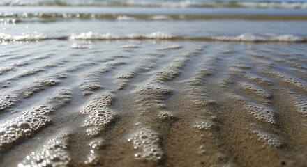 Close-up of wet sand on a beach with small waves in the background.