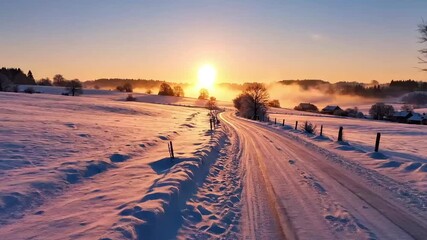 Beautiful winter landscape with snowy country road during golden sunrise - Powered by Adobe