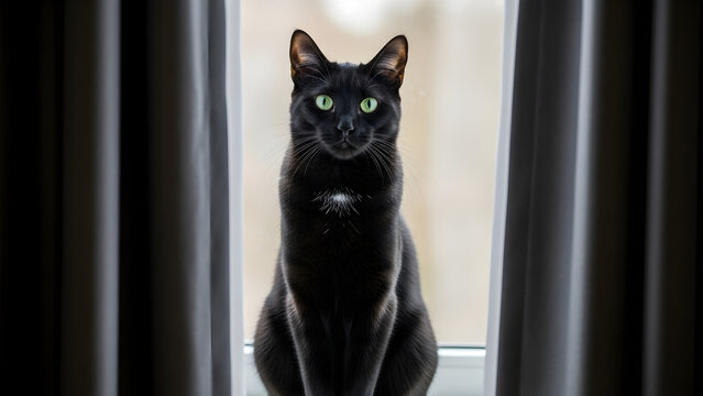 Striking black cat with luminous green eyes sits calmly on a bright window ledge, framed by soft dark curtains, showcasing its elegant presence and watchful nature