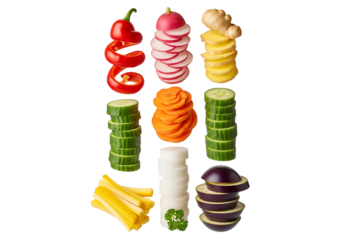 Assortment of nine different vegetables artfully sliced and stacked in towers on a transparent background for culinary presentation