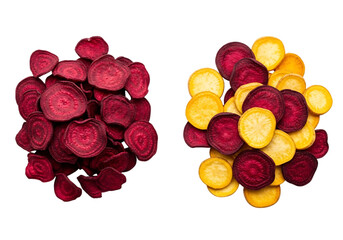 Two piles of dehydrated vegetable chips, one pile of deep red beet chips and a mixed pile of beet and yellow sweet potato chips, isolated on transparent background