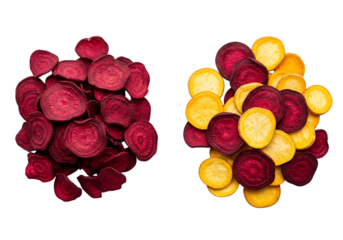 Two piles of dehydrated vegetable chips, one pile of deep red beet chips and a mixed pile of beet and yellow sweet potato chips, isolated on transparent background
