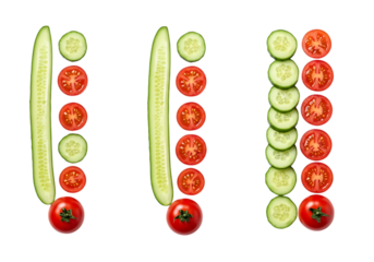 Arrangement of fresh cucumber slices and whole tomato halves organized in three vertical lines showing increasing quantity, isolated on transparent background