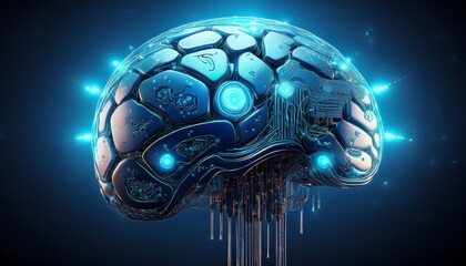 a stylized 3d rendering of a brain seemingly mechanical or robotic with integrated circuits and glowing blue lights
