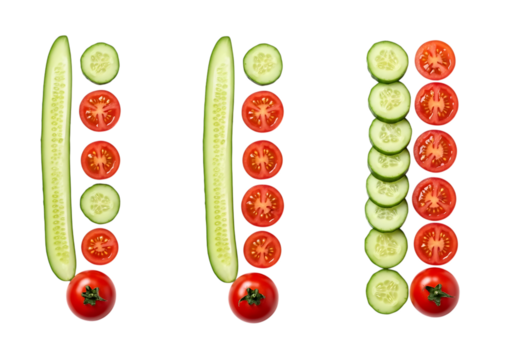 Arrangement of fresh cucumber slices and whole tomato halves organized in three vertical lines showing increasing quantity, isolated on transparent background