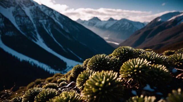 Mountain landscape with snow and a pine tree at the front, suitable for winter or outdoor theme projects