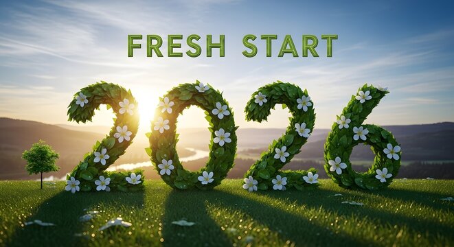 Green 2026 numbers decorated with flowers with a fresh start message