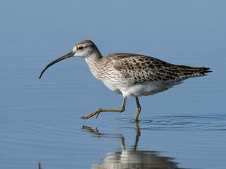Obraz premium Elegant curlew struts confidently through shallow water, its unique beak a testament to nature's artistry in a serene, aquatic scene for wildlife enthusiasts