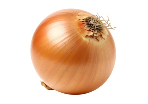 A single, whole yellow onion with dry, papery outer skin shown against a pure transparent background, highlighting its round shape and root end