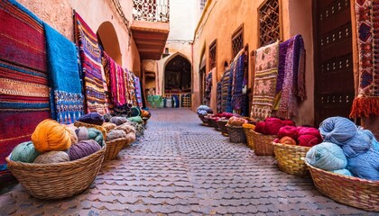 colorful yarn in baskets and handmade carpets on street in morocco bazaar