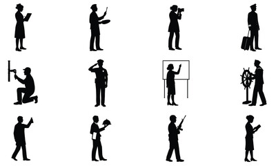 Silhouette collection of diverse professions and occupations in black and white