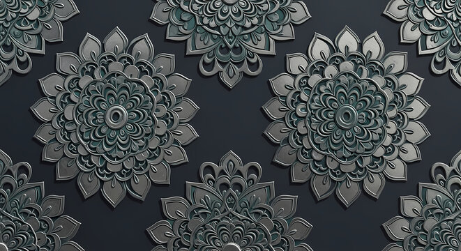 A metallic floral pattern with intricate detailing on a dark background creating a seamless design