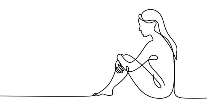 Minimalist one line drawing of seated person with arms on knees &ndash; elegant pose symbolizing reflection and calm 