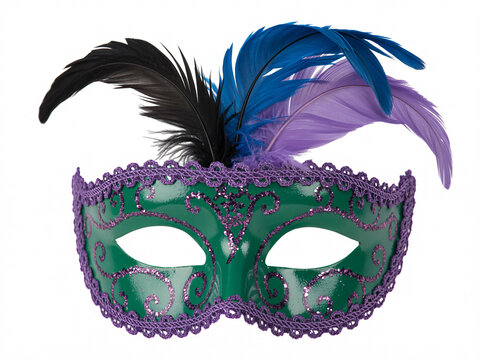 Elegant green masquerade mask with vibrant feathers perfect for carnival celebrations, theatrical performances, and festive costume parties, adding intrigue - Powered by Adobe