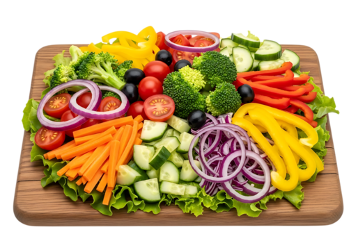Freshly cut raw vegetable platter featuring broccoli, bell pepper, carrot, onion, and tomato served on a wooden board isolated on transparent background