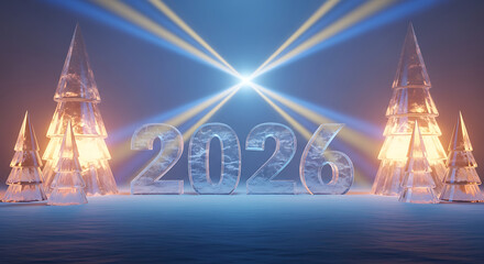 Ice Sculpture New Year 2026 Celebration with Ice Trees and Light