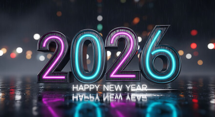 Neon 2026 New Year illustration on wet reflective ground