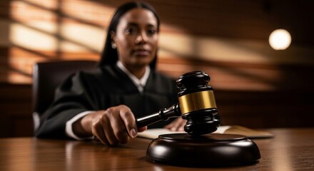 Judge with gavel in courtroom ready to make a ruling on a legal case in the justice system