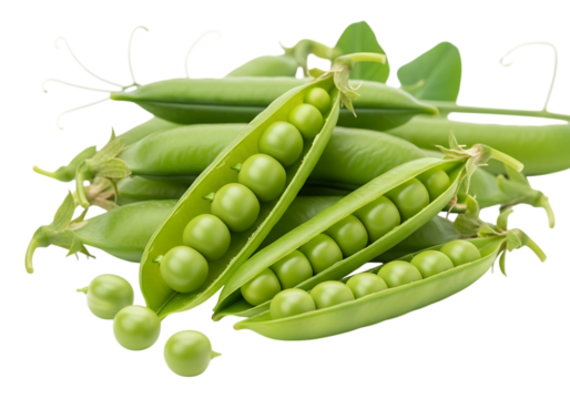 Fresh green pea pods, some open to reveal sweet peas, isolated on transparent background
