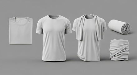 Mockup Collection of Plain White Cotton T-Shirts Folded Hung Draped Rolled on Neutral Gray Studio Background