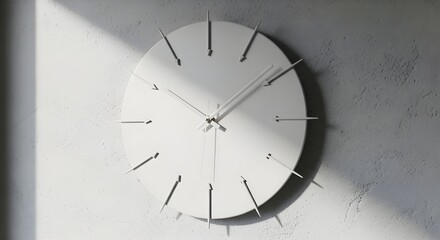 Minimalist white wall clock with tick marks and metallic hands—clean, modern, and softly shadowed.