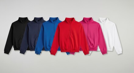 Neatly Arranged Assortment of Colorful Zip-Up Hoodie Jackets in Black Navy Blue Red Pink White Gray on Neutral Studio Background