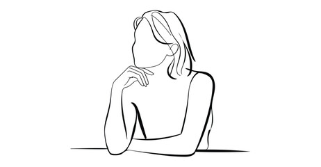 Minimalist one line drawing of seated person resting head on hand – elegant pose symbolizing thought, emotion, and introspection 