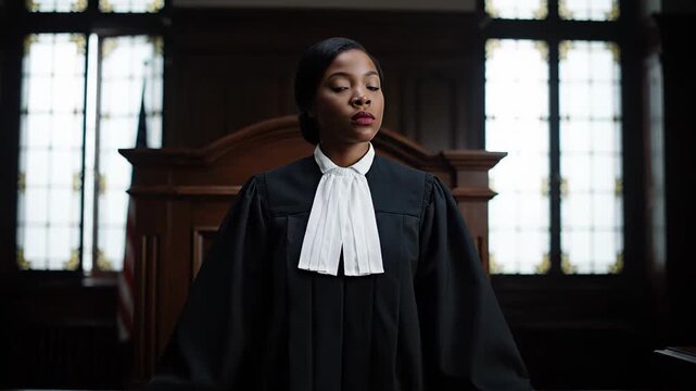 Portrait of a serious african american female judge sitting at her bench in a United States courtroom. Solemn justice official listening to testimony