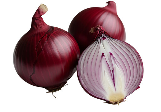 Three vibrant red onions, one sliced in half to reveal its concentric purple and white layers, isolated on transparent background