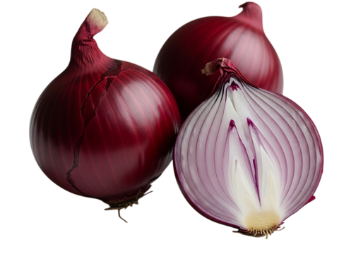 Three vibrant red onions, one sliced in half to reveal its concentric purple and white layers, isolated on transparent background