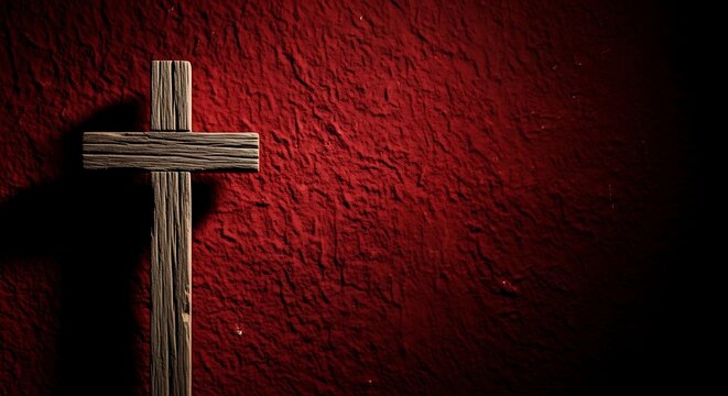 Rustic wooden cross against a textured deep red background with dramatic lighting