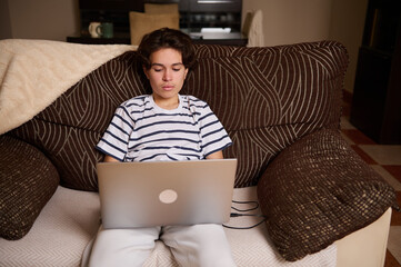 Teenage Boy Using Laptop On Couch In Cozy Living Room For Home Study And Relaxation