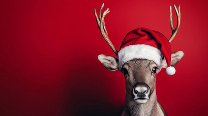 Close-up of a reindeer wearing a Santa hat, isolated on bright red background.