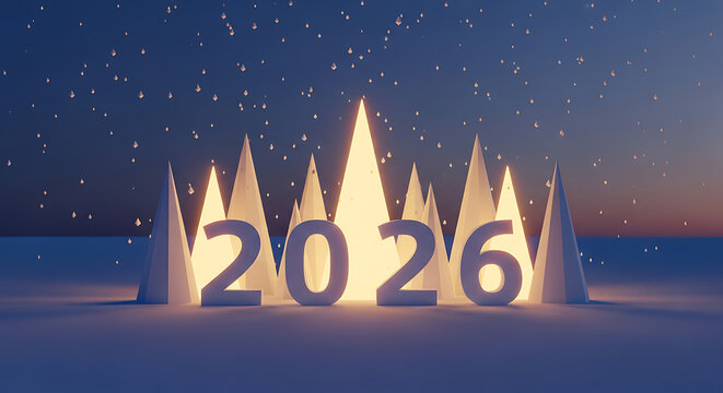 A minimalist and stylized 3D render showcasing the year 2026