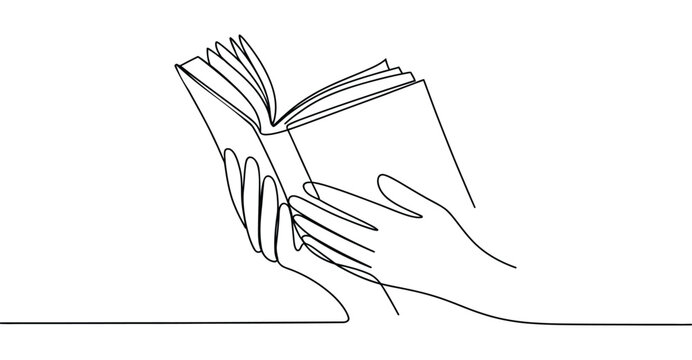  Minimalist one line drawing of hands holding open book – elegant continuous line art symbolizing reading, learning, and education