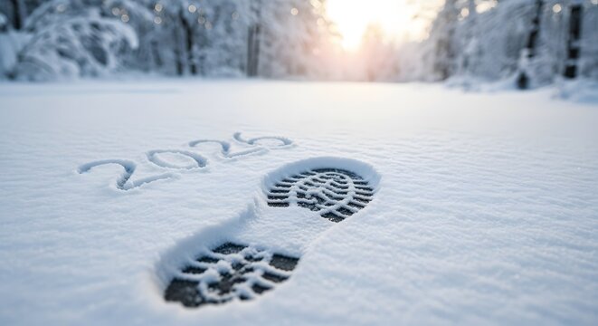 Footprint in snow with '2020' written, winter landscape, sunrise