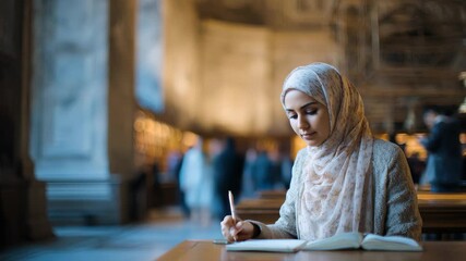 Young muslim woman studies diligently in a grand library while writing in her notebook surrounded by fellow students and scholarly atmosphere