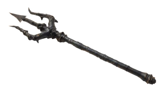 A dark twisted demon trident with runes isolated on a white background, a scary magic staff weapon, a horror fantasy object, a devil pitchfork with organic texture.