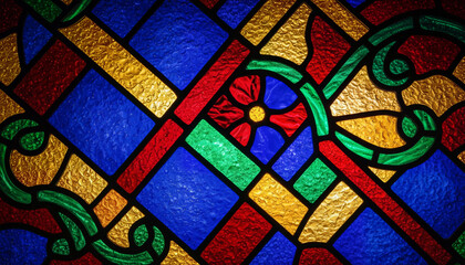 Intricate Stained Glass Panel with Geometric and Floral Design in Vibrant Colors