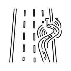 Overhead view of a straight road with a winding river beside it