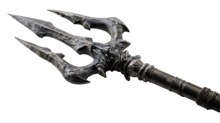A close-up of a demon trident head isolated on a white background, a scary dark metal weapon with sharp points, a horror fantasy prop, a rusty devil pitchfork texture.