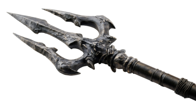 A close-up of a demon trident head isolated on a white background, a scary dark metal weapon with sharp points, a horror fantasy prop, a rusty devil pitchfork texture.