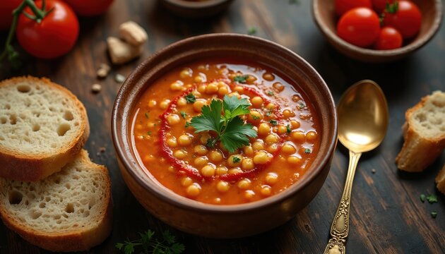 Bowl of traditional Tunisian chickpea soup Lablabi served with bread and drizzled with olive oil and harissa paste. Aromatic legumes in rich broth garnished with fresh parsley.