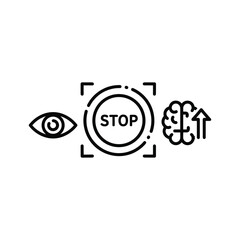 Eye, stop sign, and brain with arrow icon set isolated on