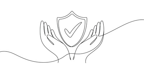  Minimalist one line drawing of hands protecting shield with checkmark – elegant symbol of security, trust, care, and assurance