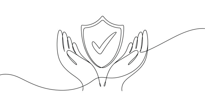 Minimalist one line drawing of hands protecting shield with checkmark – elegant symbol of security, trust, care, and assurance
