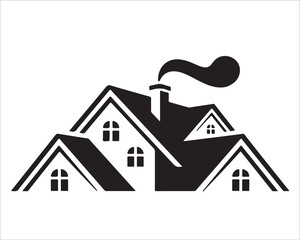 Minimalist house roof icon with chimney and windows for real estate branding