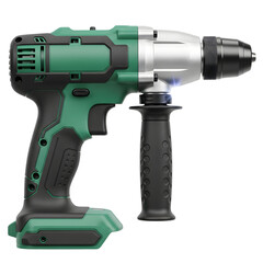 Cordless hammer drill tool with green and black housing isolated on white isolated on transparent background